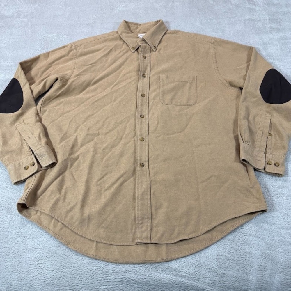 Brooks Brothers 1818 Flannel Shirt Mens XL Wool Blend Collar Elbow Patches Beige